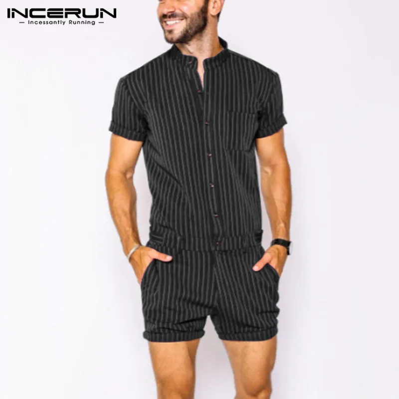 Fashion Men Rompers Striped Breathable Stand Collar Short Sleeve Joggers Playsuits Streetwear 2023 Men Shorts Jumpsuits INCERUN