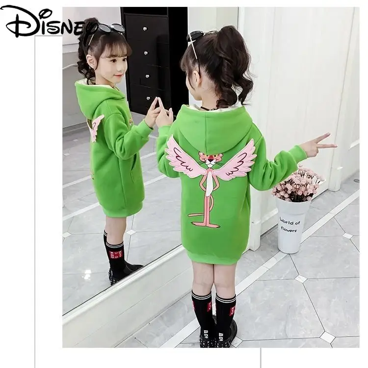 

Disney fashion winter clothing new 2021 cute cartoon pink leopard plus velvet thick warm mid-length hooded children's top