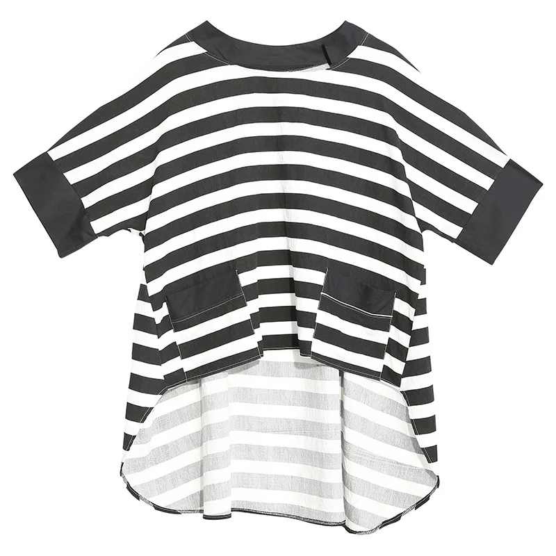 

European station 2021 summer new striped stitching pullover T-shirt trendy dark black large size irregular top