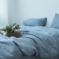4 Pcs Flat Sheet Duvet Cover Pillowcases Set 100% Linen Bedding King Queen Size Light Blue Gray Stripe Colors Customize