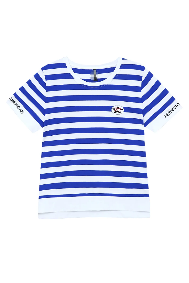 

Blue-and-white striped T-shirt for women in spring and summer of 2021 T-shirt