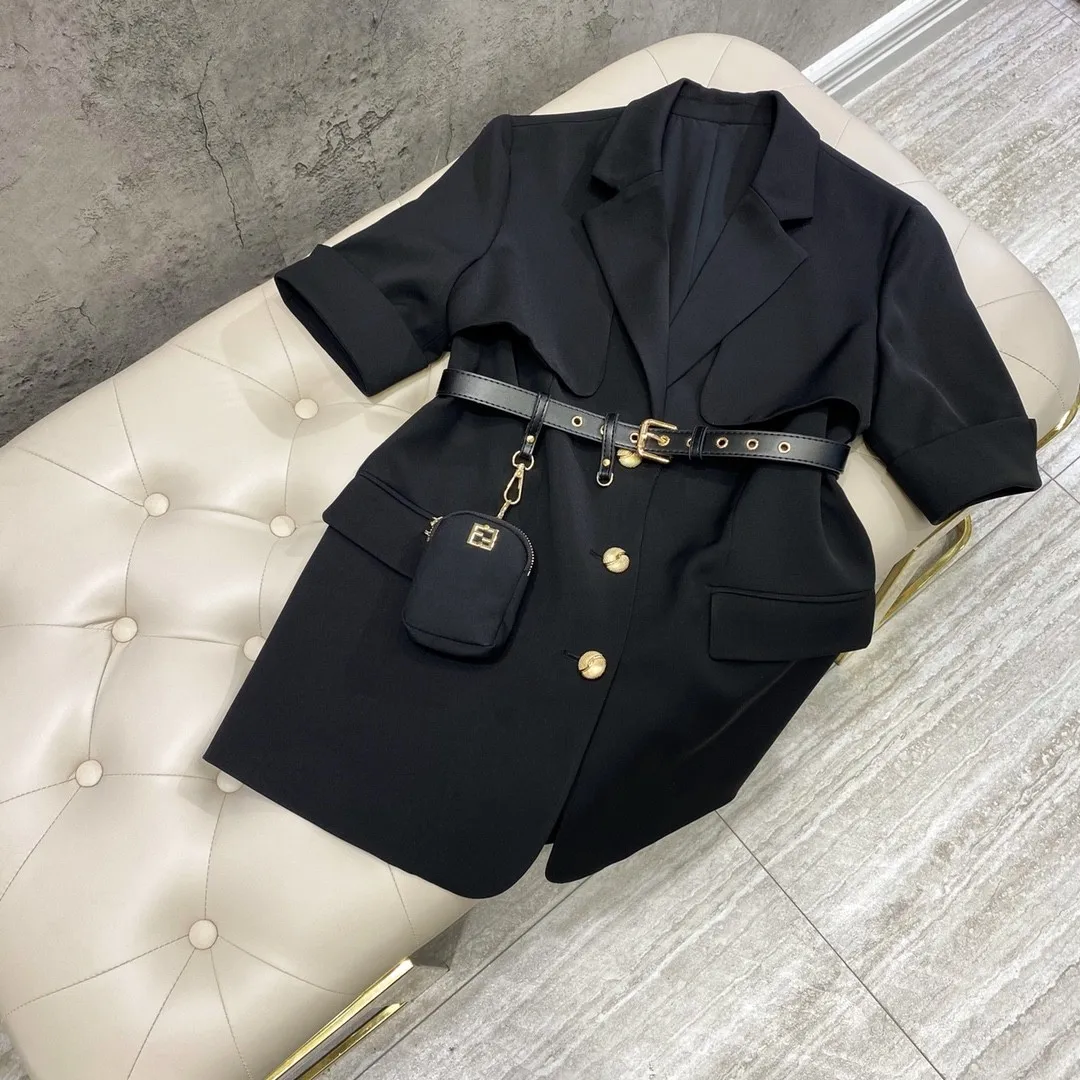 

Top Quality Women Black Blazer Autumn 2021 New Short Sleeve Gold Buttons Single Breasted Belted Blazers Highstreet Outerwear