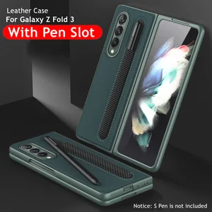 for samsung galaxy z fold 3 leather case with s pen slot full protection hard cover for galaxy z fold3 5g with pen holder no pen free global shipping