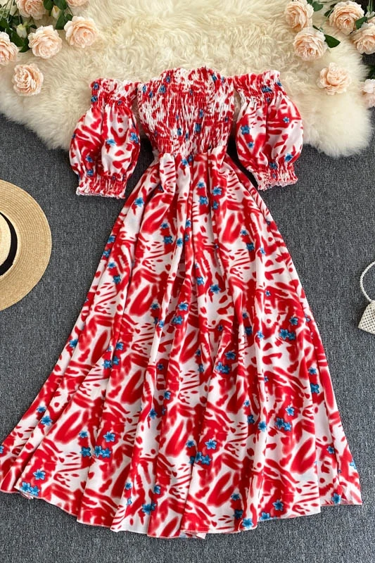 

2021 Summer New Fashion Women Sweet Elegant Print Slash Neck Puff Sleeve A-LINE Dress Vestido De Mujer J341