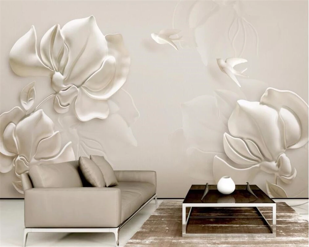 

beibehang 3D stereo wallpaper mural photo custom fashion plaster relief magnolia bird white background wall papel de parede