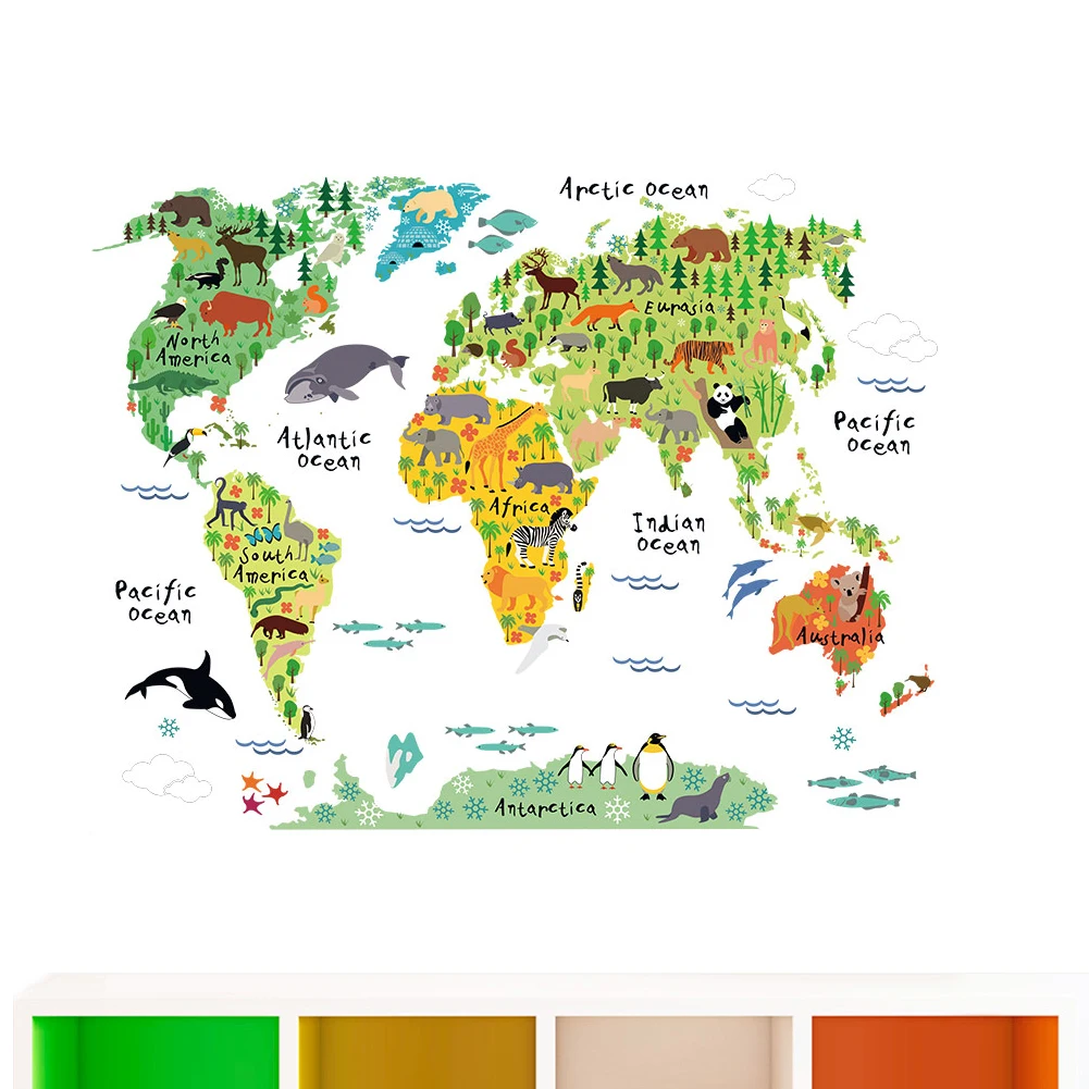 Цветные животные Карта мира настенные наклейки для гостиной украшения дома ПВХ