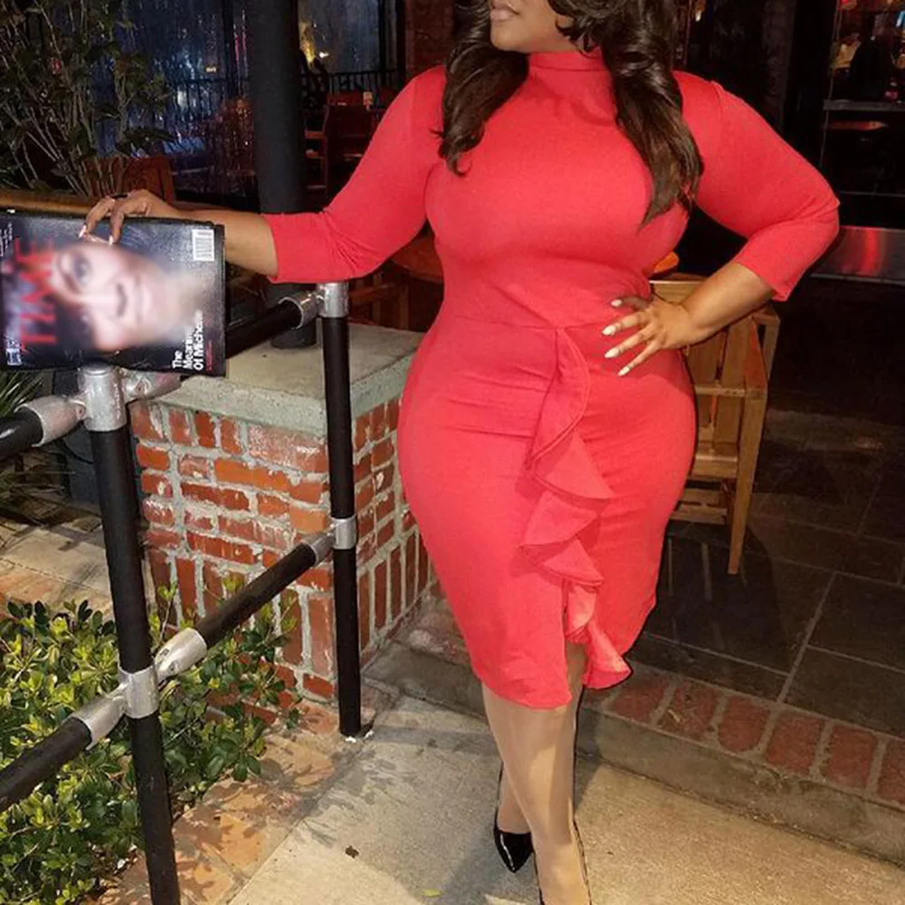 

2021 Spring And Autumn New Fashion Red Lotus Leaf High Waist Round Neck Slit Dress With Hip Sexy African Women's Clothing