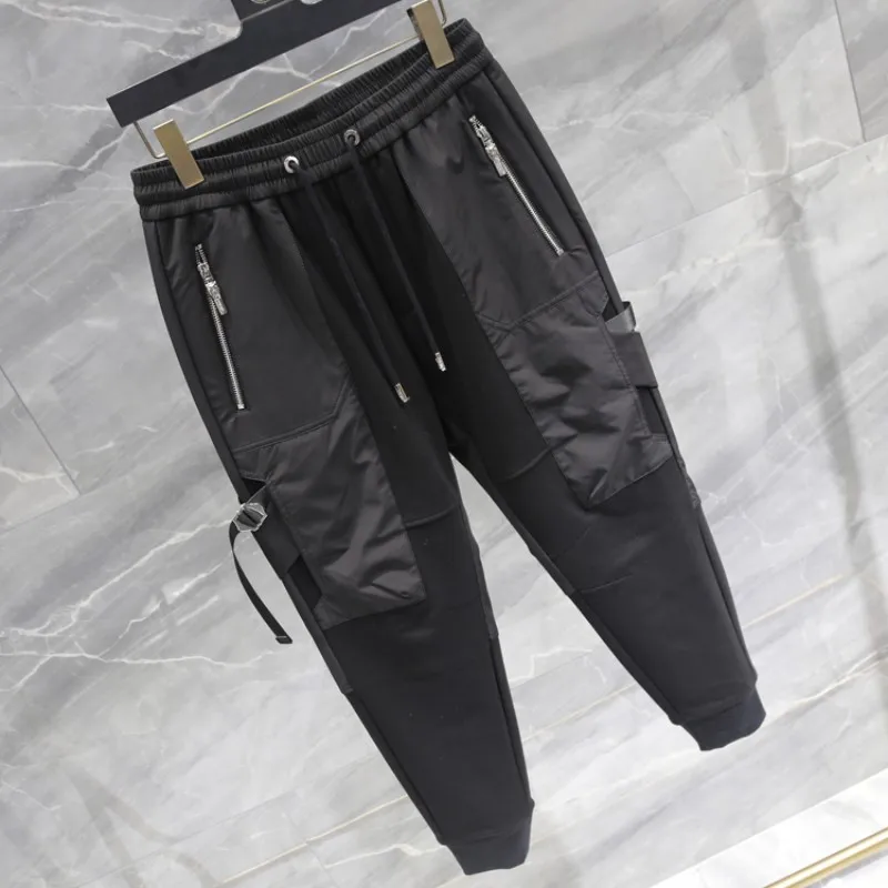 

Winter Men Plus Velvet Thick Waterproof Cloth Spliced Zipper Pocket Elastic Trousers Simple Casual Slim Fit Solid Pencil Pants