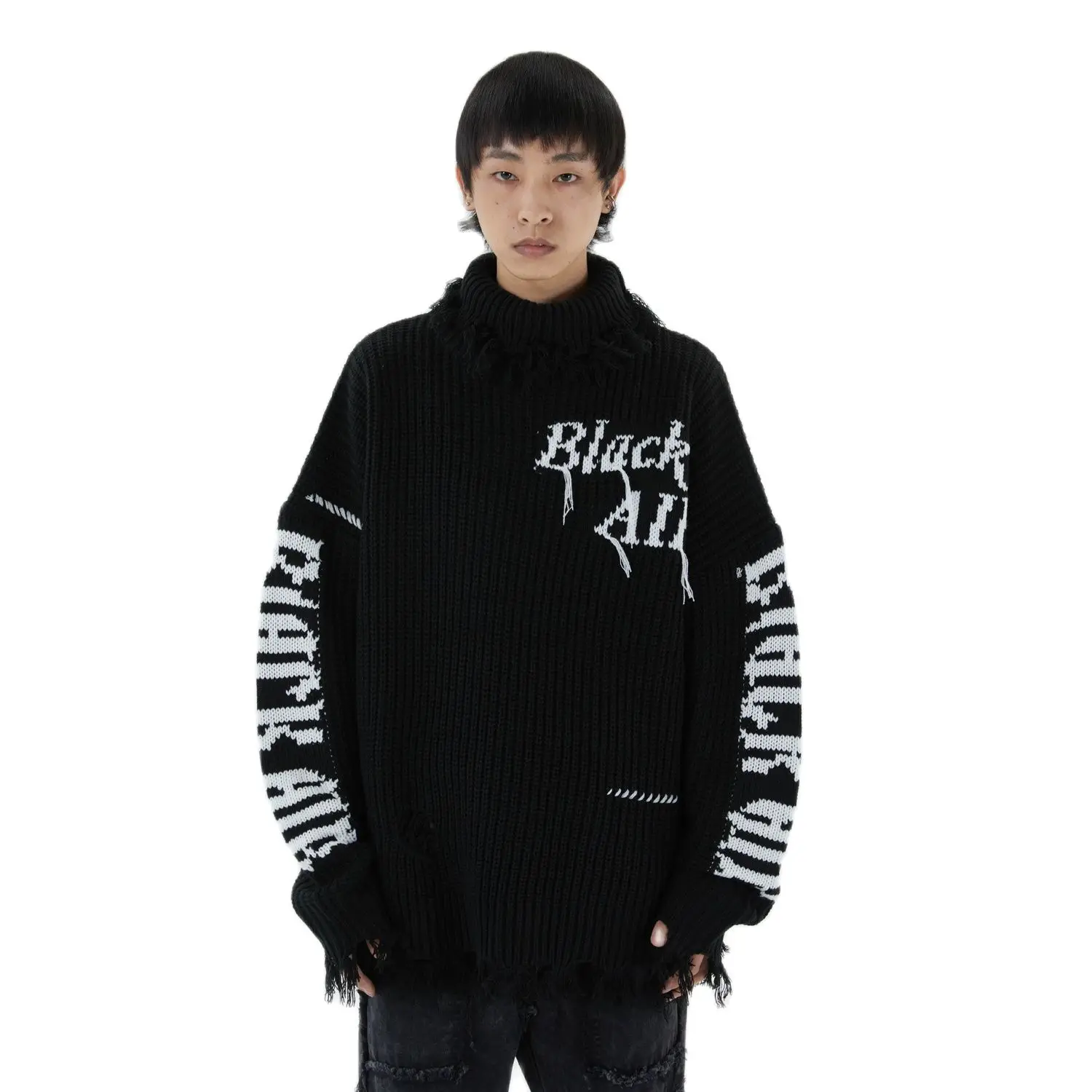 Свитер-водолазка мужской в стиле Харадзюку трикотажный с вышивкой хип-хоп 2021 |