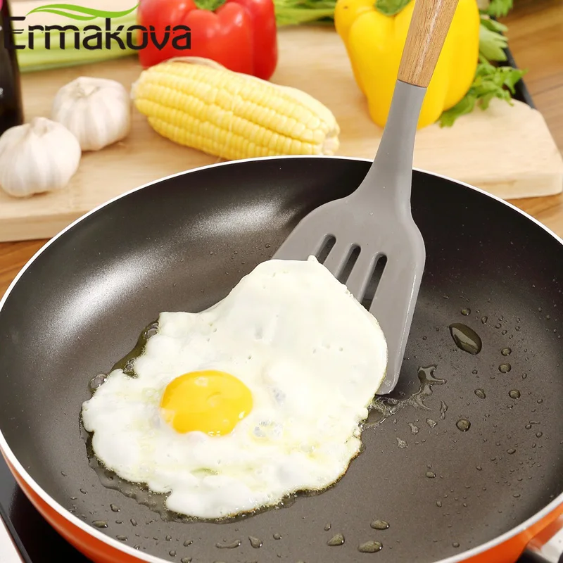 ERMAKOVA силиконовая кухонная утварь с деревянной ручкой с антипригарным шпателем ложка Тернер суп ковш венчик кухонные инструменты для приготовления пищи гаджет