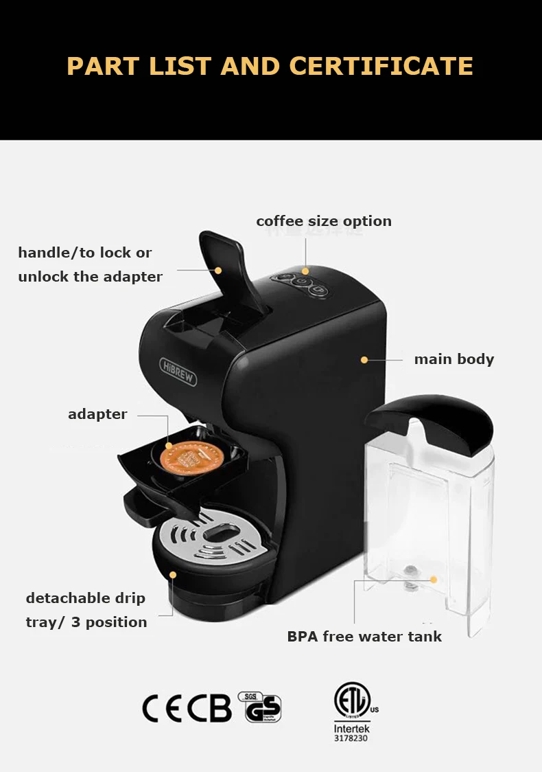HiBREW 3-в-1 мульти-Функция эспрессо-кофемашина; кофеварка, кофе эспрессо, combinacapsule Капсульная кофемашина
