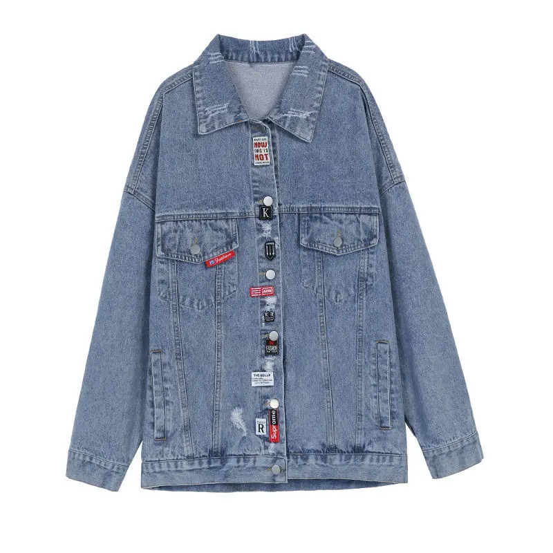 

Women 's Denim Jacket 2021 Autumn Korean Style Ripped Mid-Length All -Matching Top