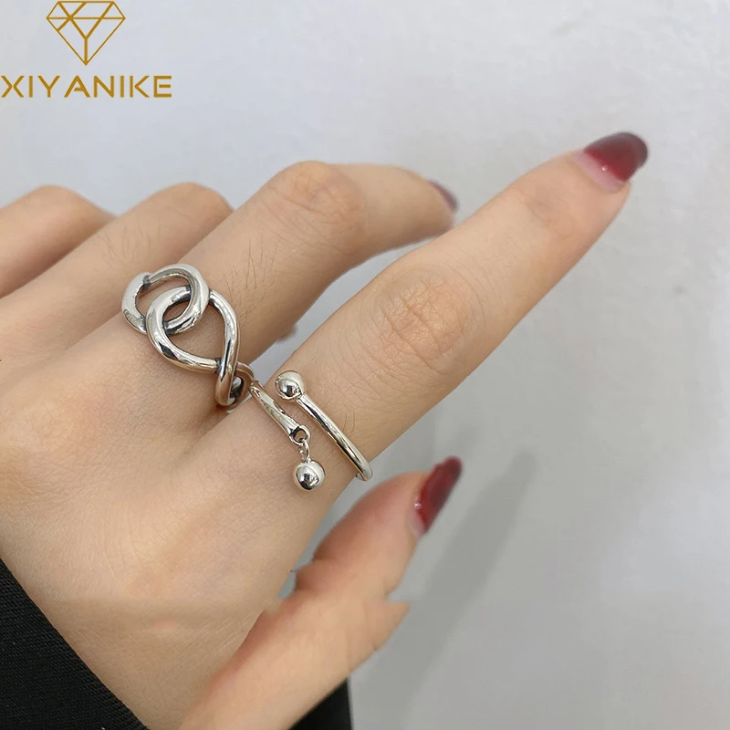 

XIYANIKE Silver Color Korean Double Circle Ball Twist Ring Female Index Finger Retro Fashion Handmade Jewelry Couple Gift