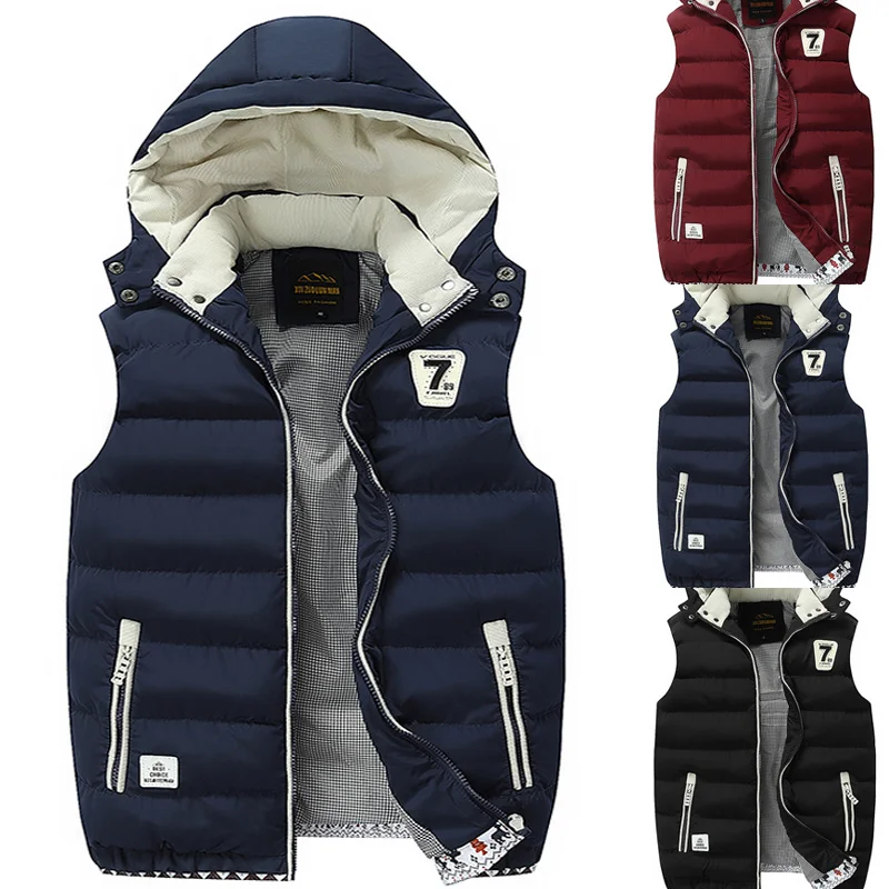 

Fashion Blue Men's Vest for Winter Autumn Waistcoat Men's Sleeveless Jacket Outercoat Warm Men's Overcoat with Hat Detachable