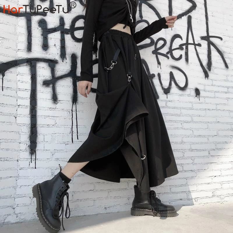 Harajuku Black Skirts Women Gothic High Waist Midi with Buckle 2020 Autumn Spring Multi-Way Wears New Arrival