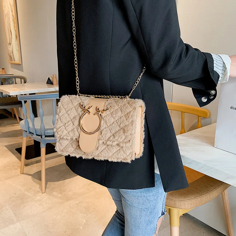 Женская квадратная Наплечная Сумка с узором в виде головы оленя плюшевая