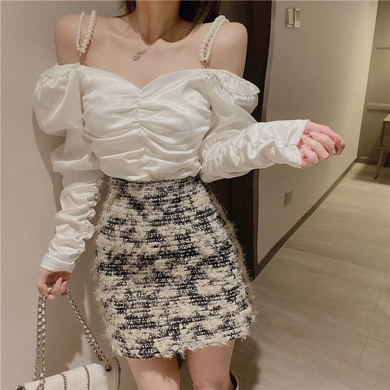 Женская блузка с длинным рукавом GRUIICEEN элегантная белая v-образным вырезом и