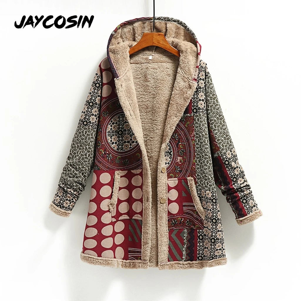 JAYCOSIN, зимнее женское повседневное пальто с капюшоном, длинный рукав, с принтом, большой размер, Ретро стиль, свободное, утолщенное, Abrigos Mujer Invierno