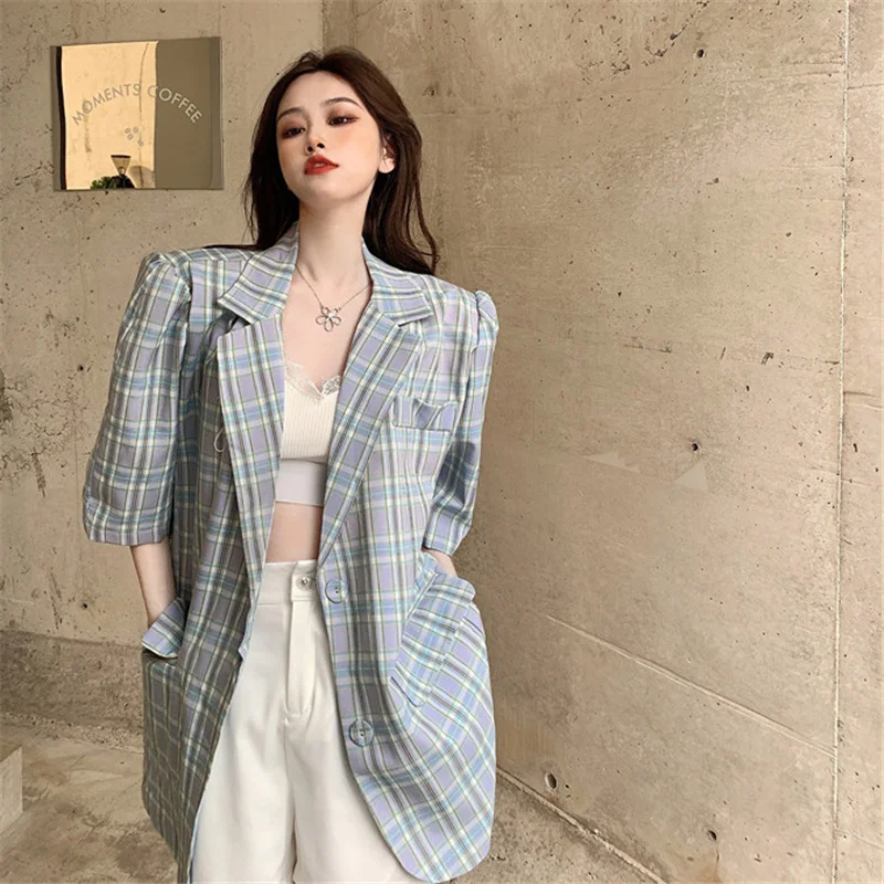 Женский Повседневный тонкий пиджак свободный клетчатый костюм в Корейском стиле