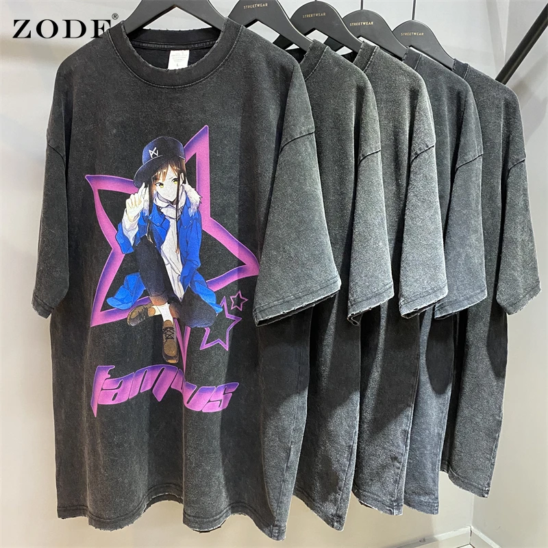 

Летняя Мужская хлопковая футболка ZODF г/кв. М, промытая Ретро футболка унисекс, мужские свободные футболки с мультяшным принтом, брендовые То...