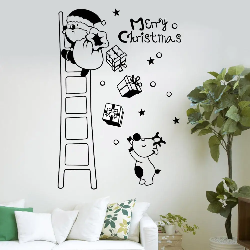 Merry Christmas стикер на стену Санта лестница для лазания красный белый черный витрин