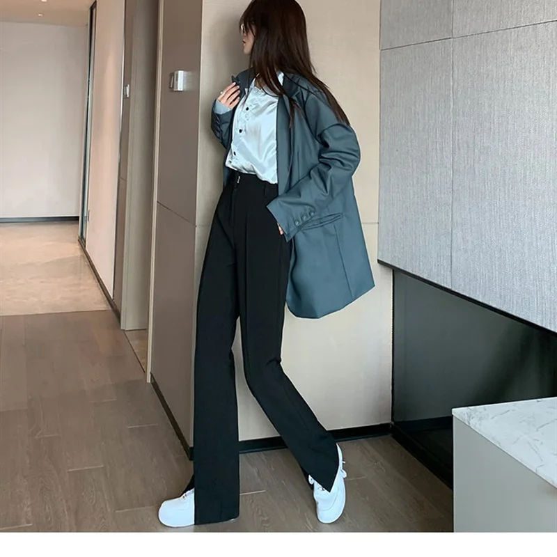 

Wide Leg Pants Women Casual Split-fork Design Summer Solid Loose High-waist Office Korean Pockets Harajuku Streetwear Fashion