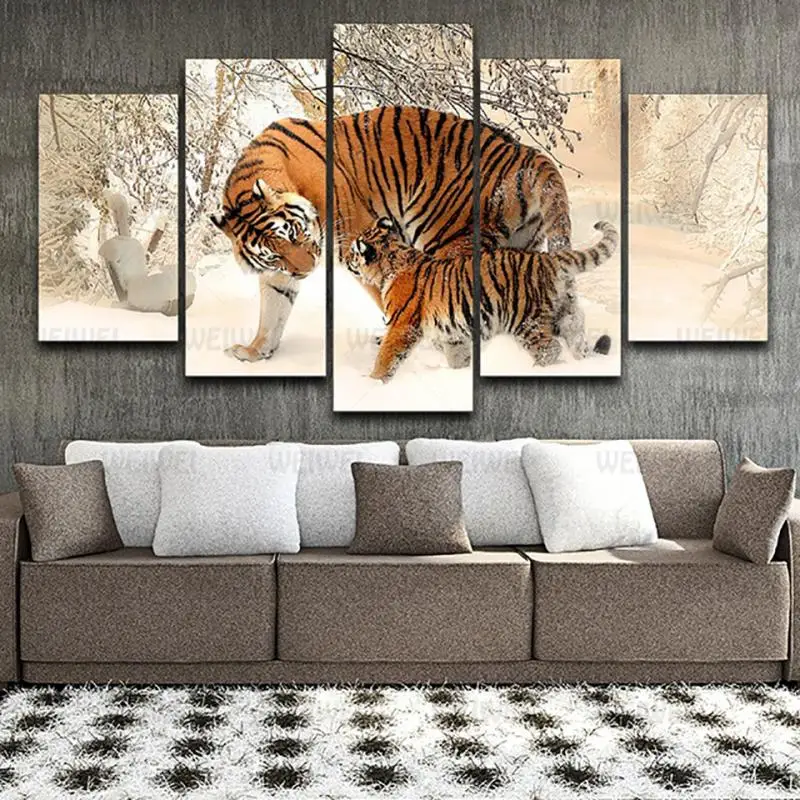 

Canvas Painting Little Tiger On The Snow In The Tree Home Wall Decoration Poster Use In Bedroom and Living Room Frameless Style