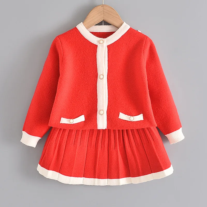 

2020 New Autumn Winter Girls 2pcs Set Dress Princess Dress Sets Long Sleeve Knitted Jacket + A-Line Dress Kids Children Clothing