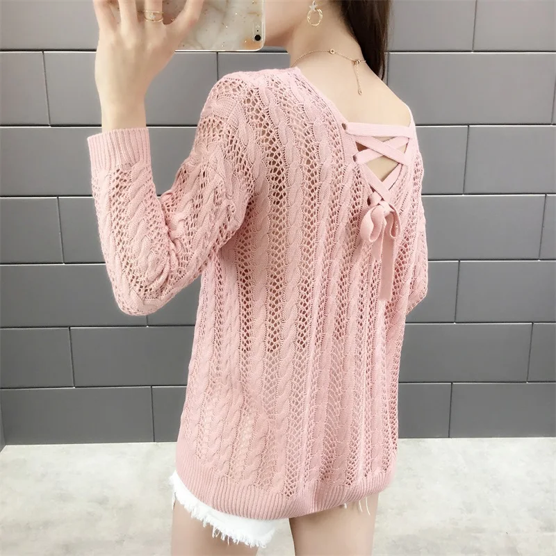 5039 (Zhongfang Xiaofang No. 2) New V-neck back lace hollow twist knitted sweater women's wear in spring and summer 36 | Женская