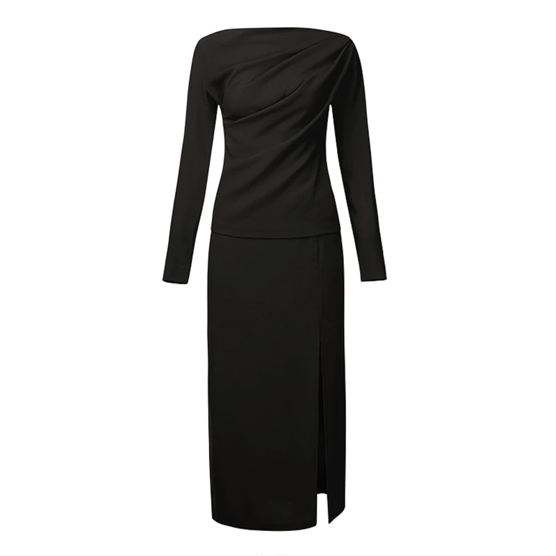 Max Spri Slash Neck Slim Split Women 2 Piece Sets New Fashion Long Sleeves Office Lady Skirt Suits Black Red - Цвет: Черный