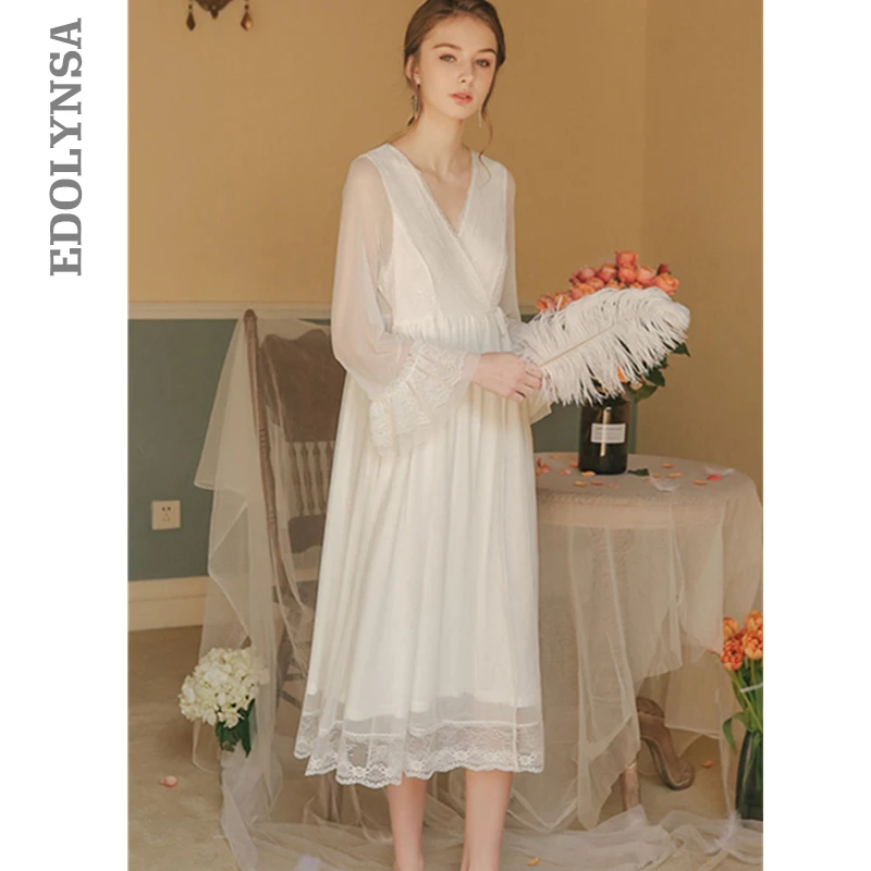 Длинная белая хлопковая пикантная ночная рубашка с V образным вырезом домашняя