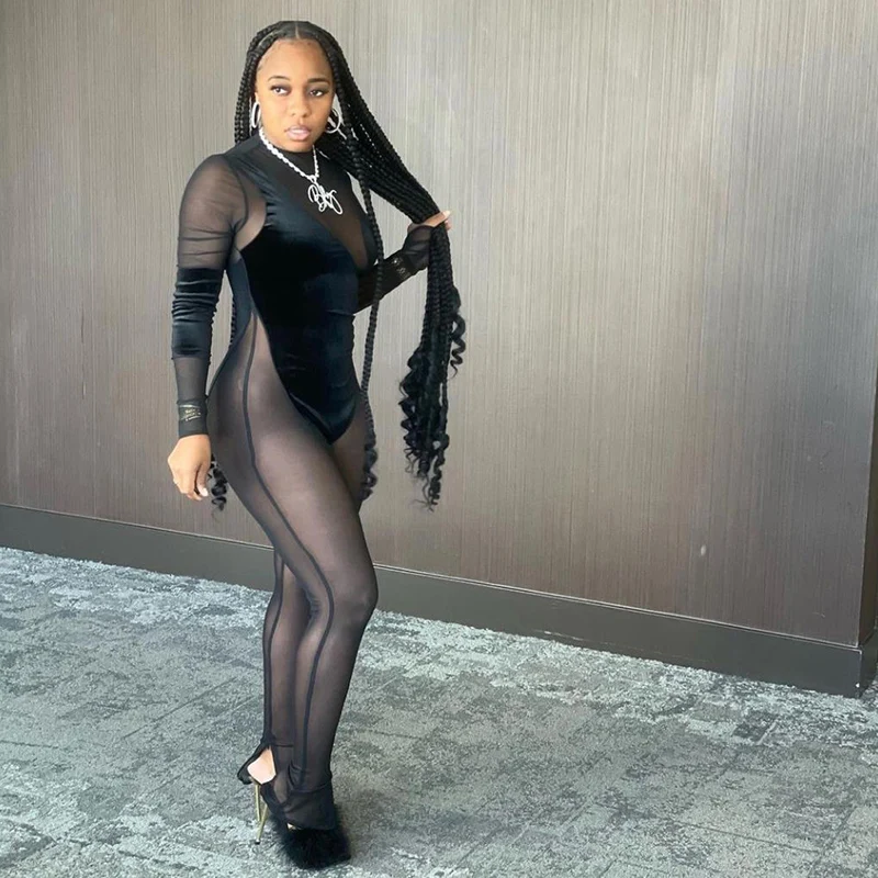 

Yuqung Women See Through Mesh Patchwork Long Sleeve Turtleneck Bodycon Jumpsuit Sexy Party Club Polo Dance Romper Overalls Black