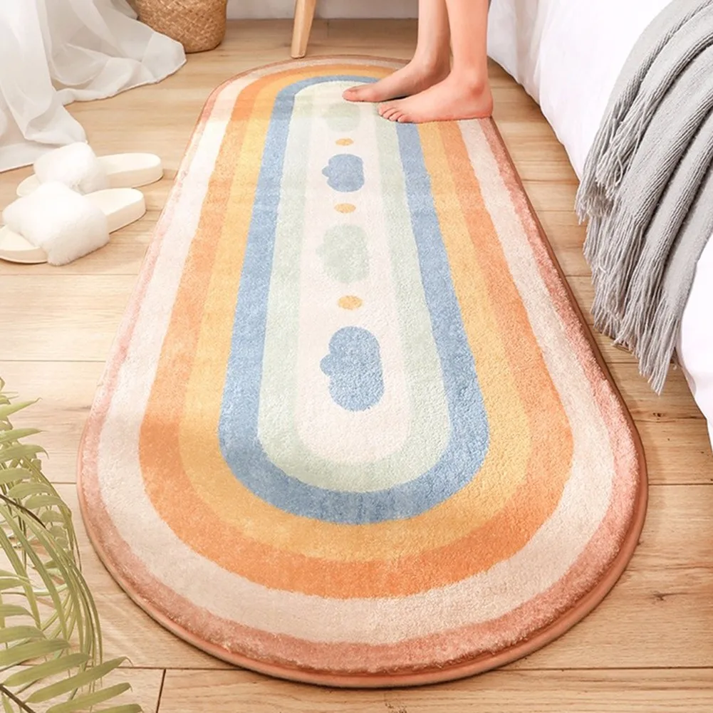 

Oval Bedside Furry Rug Bedroom Long Foot Mat Super Soft Lamb Wool Living Room Decorative Carpet Non-slip Absorbent Door Mat