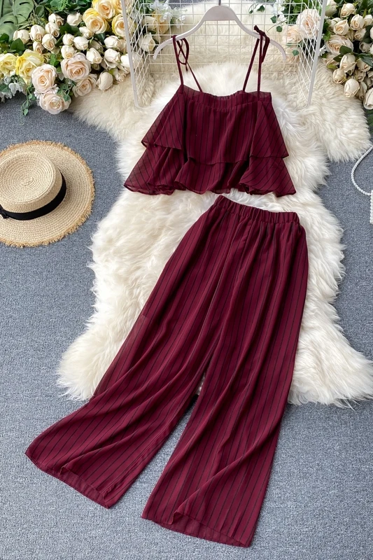 

Summer Striped Two Piece Set Women 2020 Elegant Ruffles Top+ Pant Two Piece Outfits