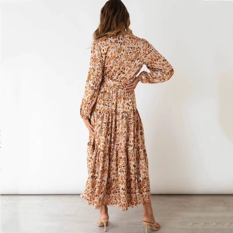 

New 2021 Autumn Street Temperament Women's Lace-Up Long-Sleeved V-Neck Large Swing Print Dress Elegant Ruffle Stitching Dresses