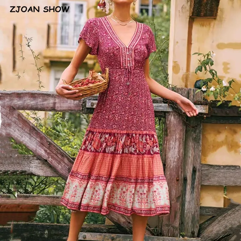 Богемное красное женское платье в стиле бохо с принтом пейсли праздничные