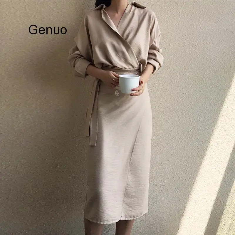 

Women Fall Elegant V Neck Solid Bandage Bodycon Long Shirt Dress Female Solid Vestido Long Sleeve Robe Femme Clothes