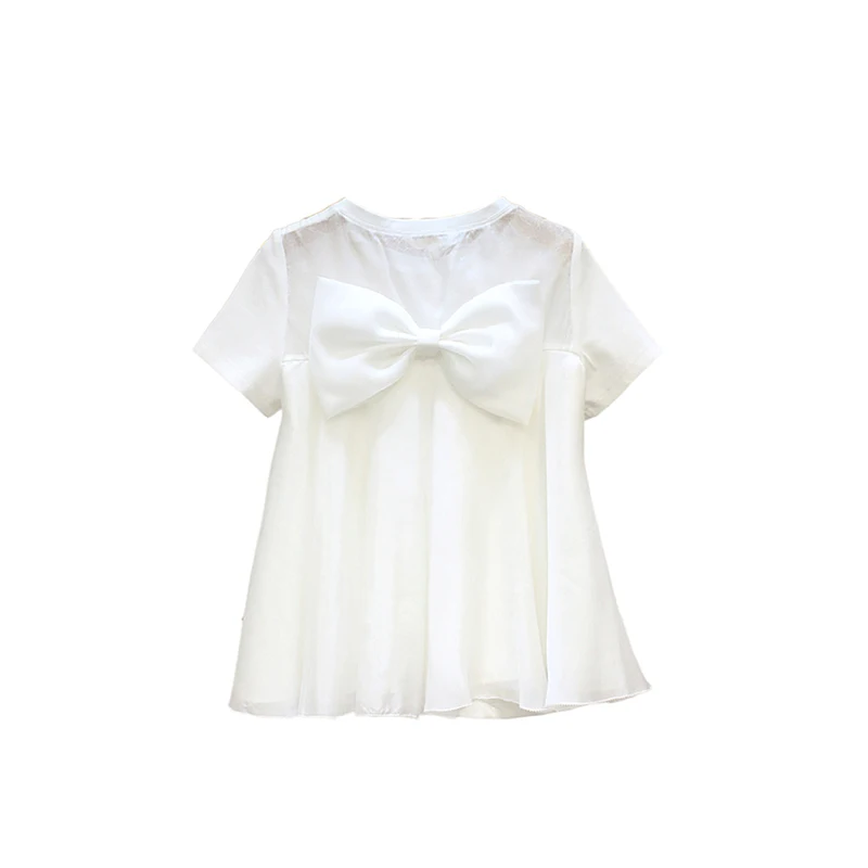 

VANOVICH Fashion Summer 2021 New Short-sleeved T-shirt Female Solid Color Wild Ladies T Shirts Bow Mesh Yarn Stitching Tops
