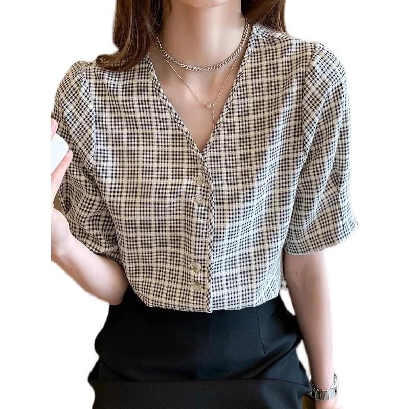 

Houthion Chiffon Slim Women's Blouses Fashion Short Sleeve Top New Casual Blouse Plaid V-neck Shirts Summer