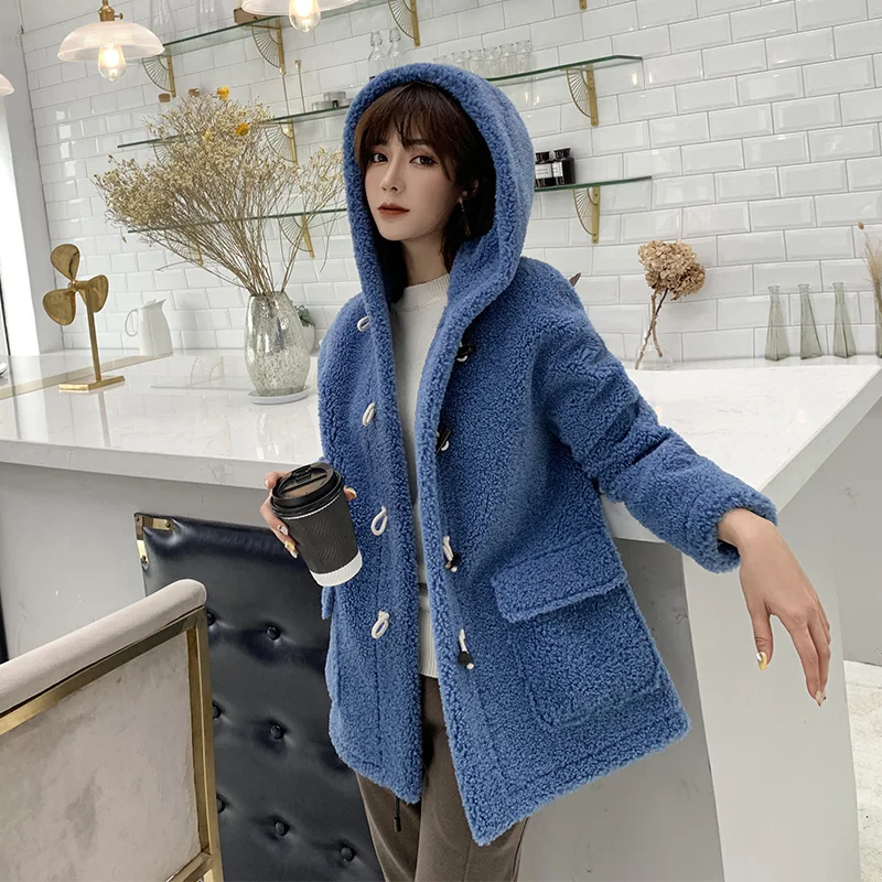 Blue YYY1966 Плюшевое пальто из натурального меха, Женское шерстяное пальто с капюшоном, винтажная зимняя плюшевая куртка, утолщенная теплая Женская парка из овчины, пальто для женщин - Цвет: Blue YYY1966