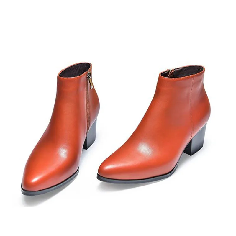 New Winter Mens High Heels Real Leather Boots Pointed Toe Zip Plush Warm Ankle Work Safety Career Wedding Party Men Shoes | Обувь
