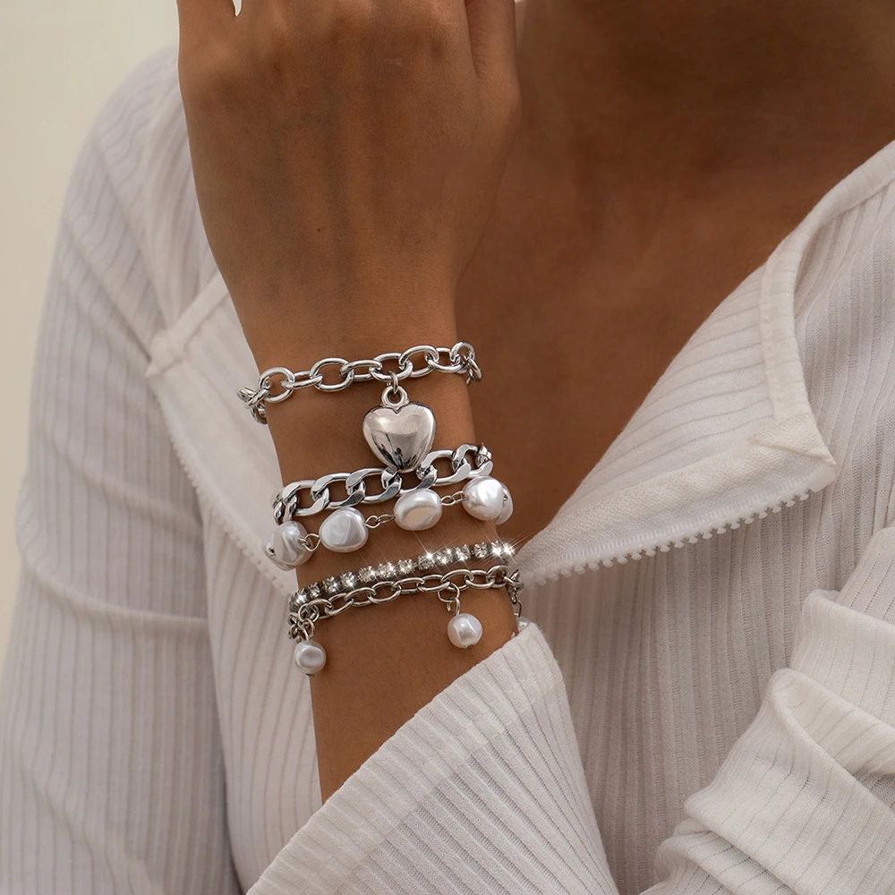 

Fashion Imitation Pearl Heart Pendant Thick Chain Bracelets Set for Women Charm Vintage Crystal Bracelet Bangle Party Jewelry