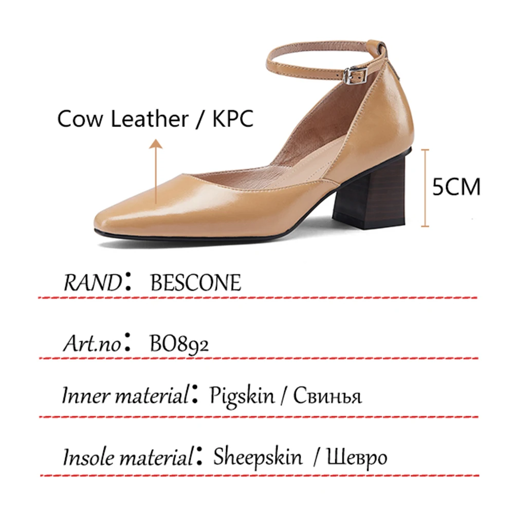 

BESCONE Shoes Women Concise Solid Ankle Strap Genuine Leather Handmade Shoes Comfort Spring Fashion All-Match Lady Pumps BO892