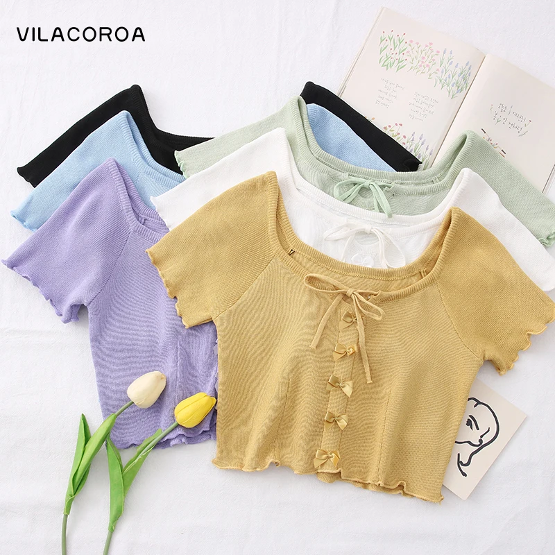 

Женская летняя футболка с квадратным вырезом и бантом, женская одежда, трикотажный короткий топ, футболки, Женский однотонный тонкий пулове...