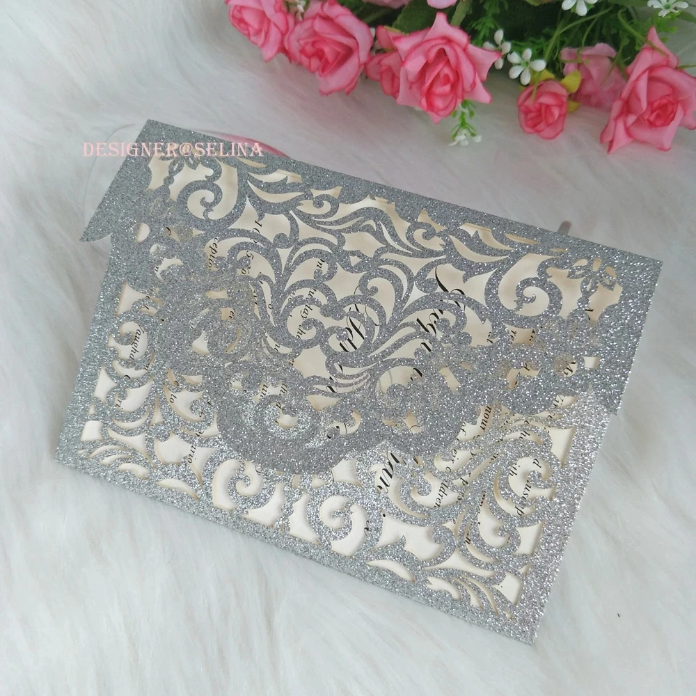 Роскошные серебряные свадебные приглашения с лазерной огранкой 20 + цветов
