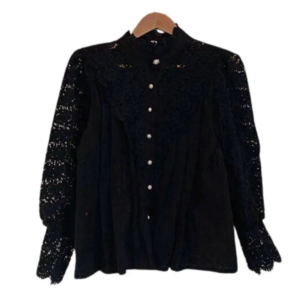 

Топ, стильная кружевная рубашка с воротником-стойкой, женская летняя рубашка, кружевная для повседневной носки