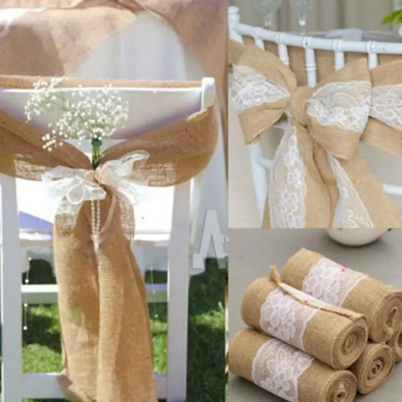 

Jute Burlap Roll With White Lace Vintage Decorative Craft Ribbon Table Sash Decor For Chair Wedding Home
