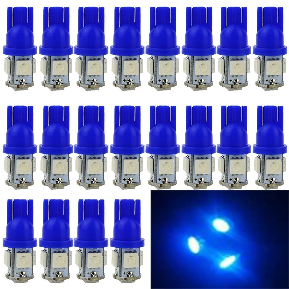 

20Pcs Blue T10 W5W 5050 5SMD 168 194 192 DC 12V License Plate Led Bulbs For Car Interior Lights Reading Light Trunk Light Bulb