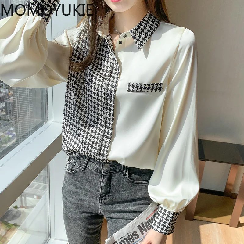 С рисунком гусиные лапки атласная блузка для женщин офисные женские туфли Топы в