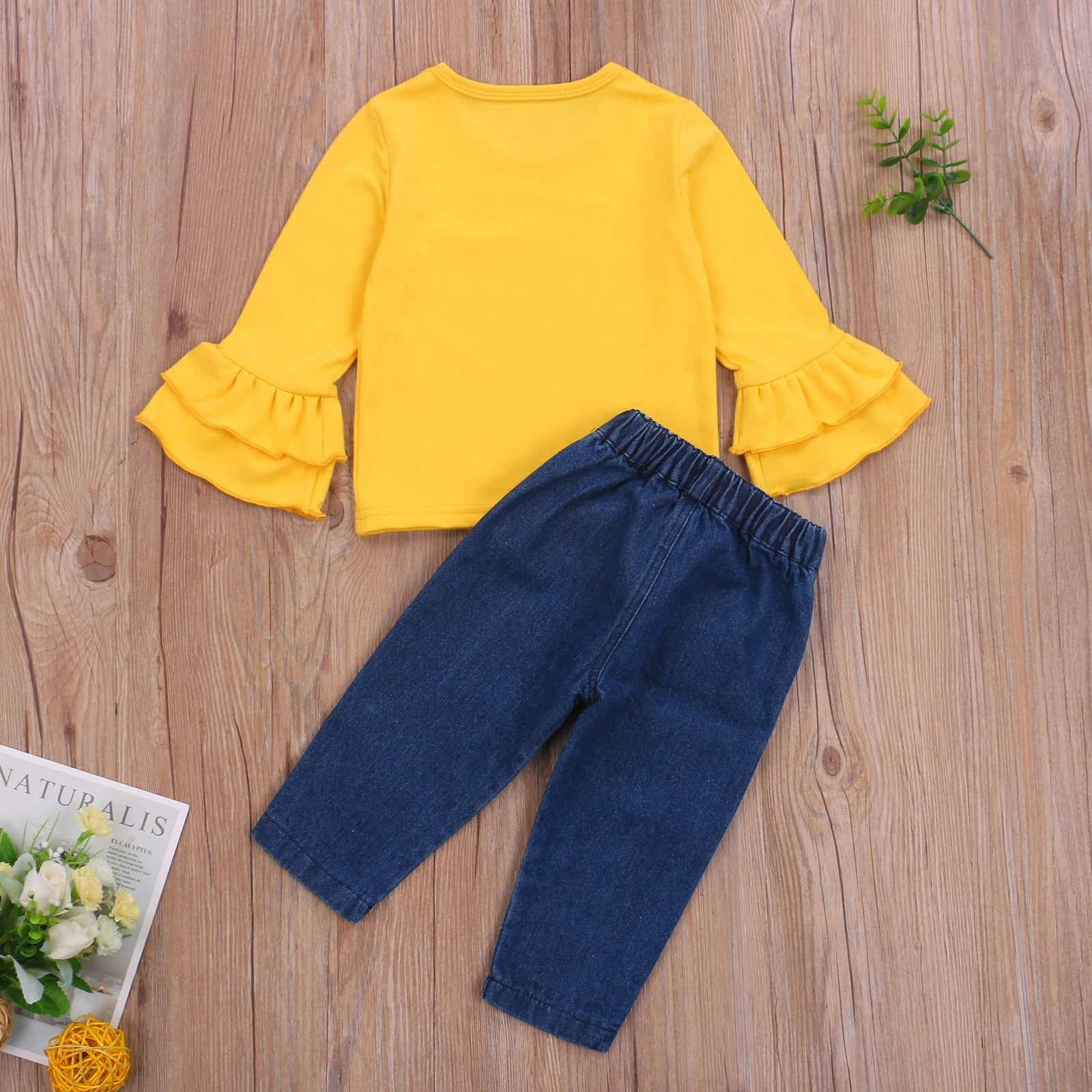 

2020 New Fall Autumn 6M-5Y Toddler Kids Baby Girl 2Pcs Set Sunflower STAY WILD Letter Print Flared Long Sleeve Top+Floral Jeans